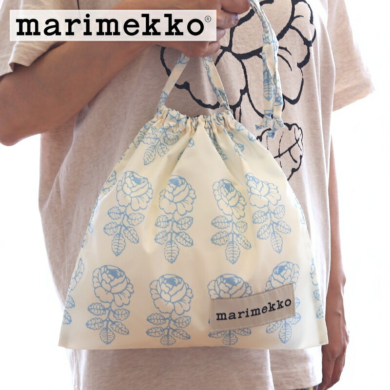 マリメッコ 巾着袋 ヴィヒキルース ライトブルー marimekko エコバッグ ポーチ Vihkiruusu No.150(30) 北欧 おしゃれ かわいい 花柄 青