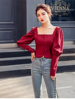【今だけ数量限定大特価セール!! 春 スクエアネック シャツ 女性 長袖 ランタンスリーブ 2020 韓国 細身 トップス スリムフィット 短いスタイル セクシー
