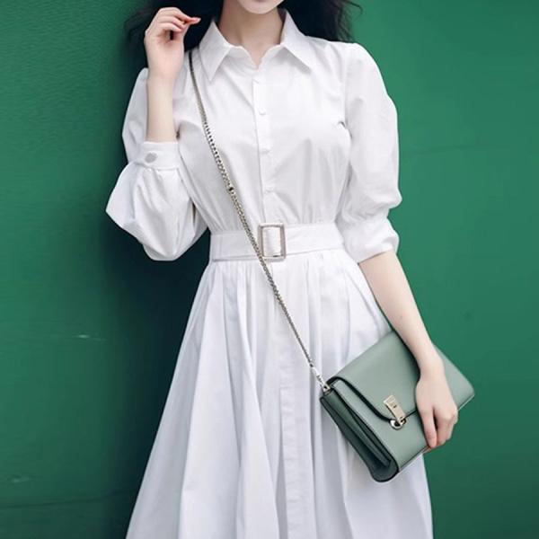 シャツワンピース 白 ロング ワンピース レディース シャツトップス ロングシャツ ボリューム袖 Vネックシャツブラウス 薄手 着痩せ感UP (メール便送料無料)