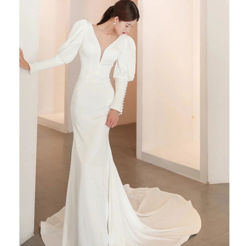 作ホワイトトレーンレトロ結婚式ドレスフレンチヴィンテージ気質高級感花嫁ロングドレスフィッシュテールパーティードレステーマドレス結婚式お呼ばれホワイトドレス