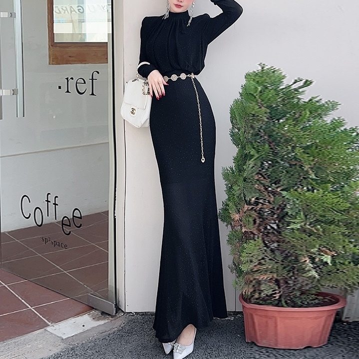 シアー素材ロングドレス レディース ワンピース ドレス ロング マキシ 長袖 ハイネック タイト スリム 細身 フェミニン ウエストマーク 大人可愛い きれいめ おしゃれ エレガント 都会的 ドット柄