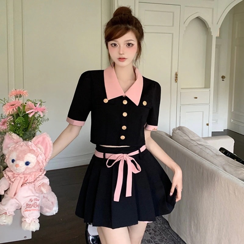 女性用サマーショートラペルトップハイウエストプリーツストラップスカートスーツ 4,792円