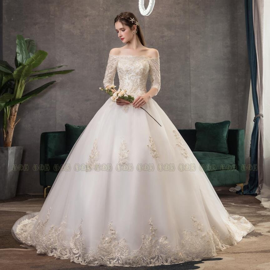 トレーン ウェディングドレス 新作 結婚式 二次会 編み上げ 披露宴 刺繍入り 透けるレース 豪華 ウェディング ロング ドレス