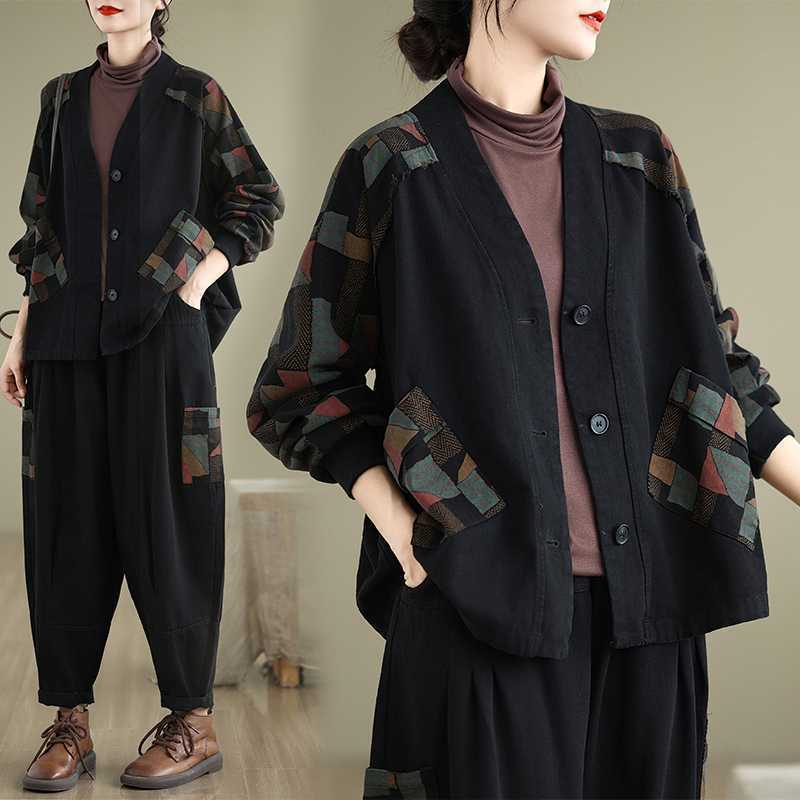 「ファットガール」 2025秋新品 上下セット デニムドッキング カーディガン 大きいサイズ 体型カバー レディース セットアップ