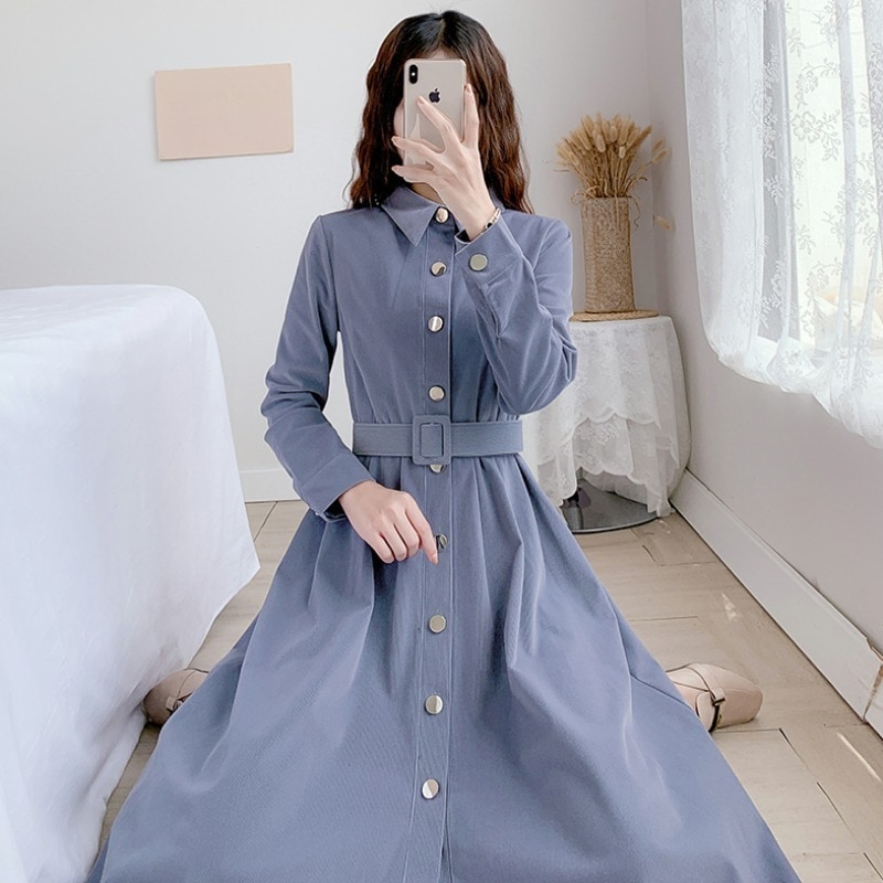 コーデュロイワンピース トップス シャツ ブラウス クラシック ブルー 青 ミドル丈 袖あり 長袖