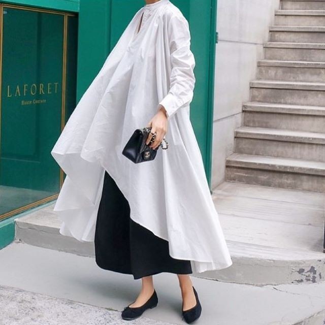 ワンピース ロング 白シャツ レディース シャツワンピース 大きいサイズ シャツワンピ 長袖 襟あり Aライン フレア アシメ ブラック ホワイト 5,724円