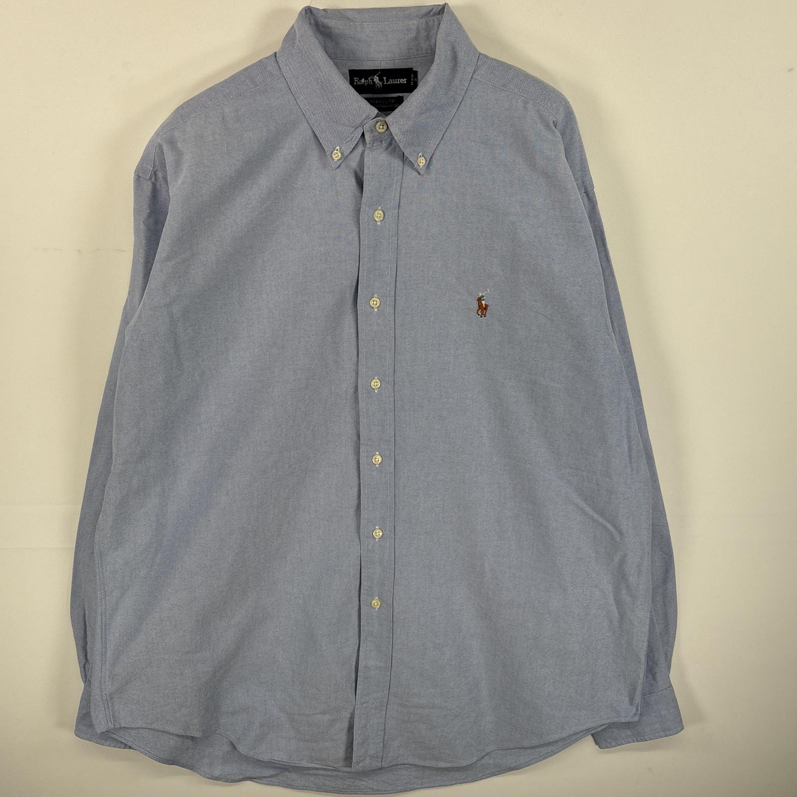 古着 長袖シャツ ボタンダウンシャツ ワンポイント ロゴ 刺繍 オックスフォードシャツ 16 1/2 36 L-XL ブルー 無地 メンズ