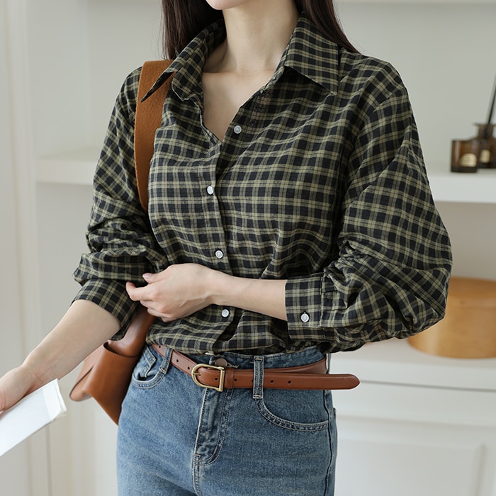 [韓国ファッション] カラーネック ボクシーフィット リンクル チェック シャツ シャツ