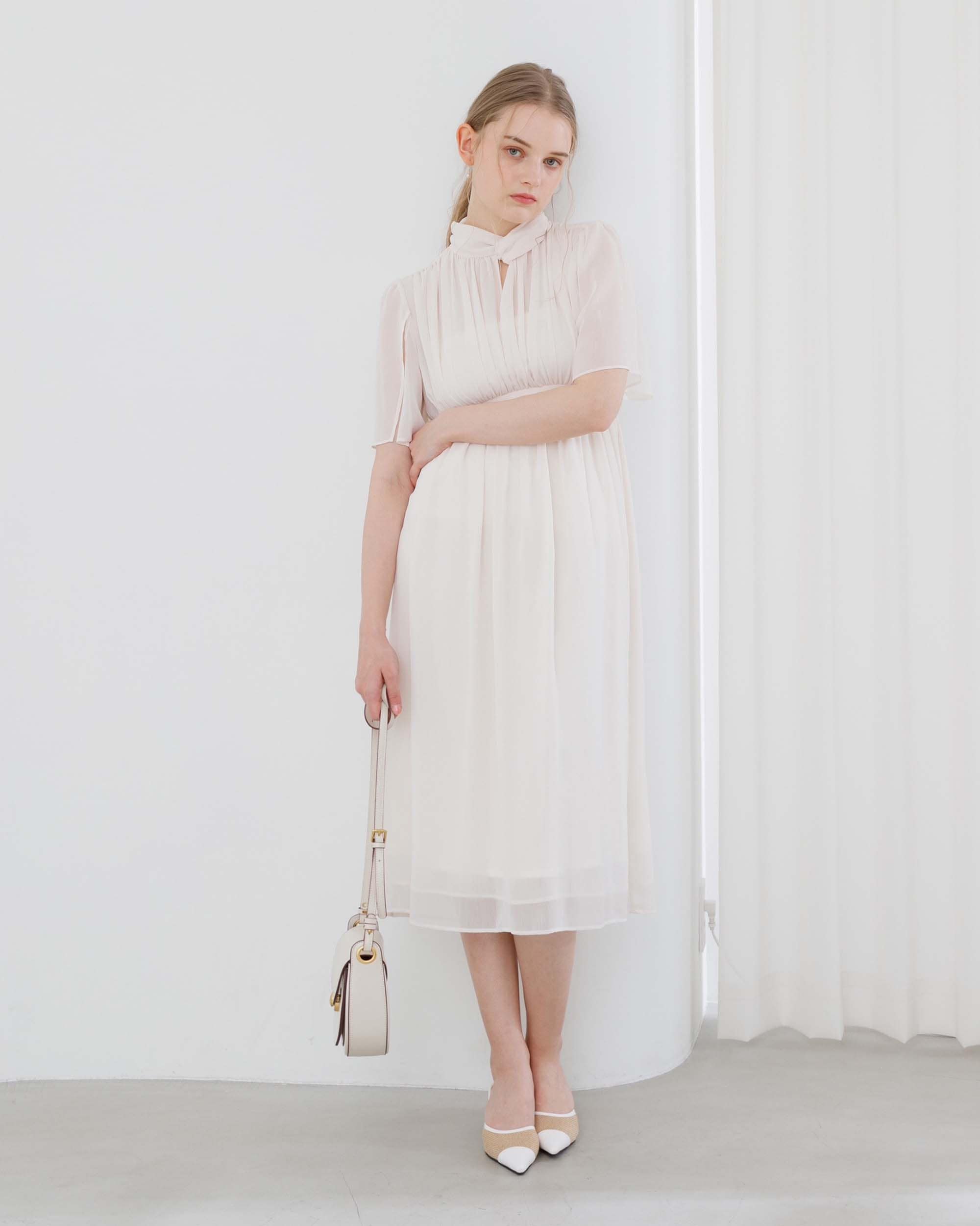 スリットスリーブシフォンワンピース フリーサイズ シフォンワンピース オフホワイト ネイビー スカイグレー きれいめ ワンピース　ドレス