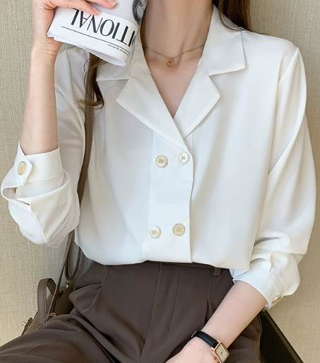 トップス シャツ 袖あり 長袖 Vネック 襟付き スマート シフォン おしゃれボタン かわいい 大人可愛い シンプル カジュアル 大人 上品 おしゃれ お洒落 大人女子 こなれ感 ラフ キュート 無地