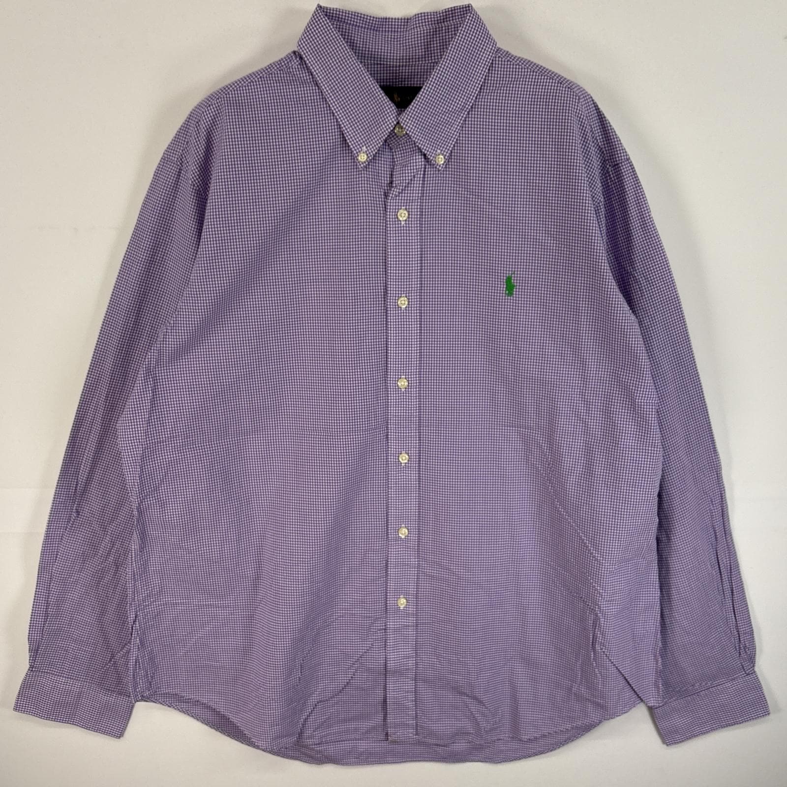 古着 長袖シャツ ボタンダウンシャツ 薄手 大きいサイズ XL パープル系 チェック メンズ
