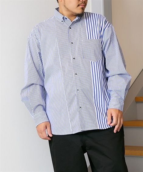 長袖シャツ ブロードストライプ切替シャツ