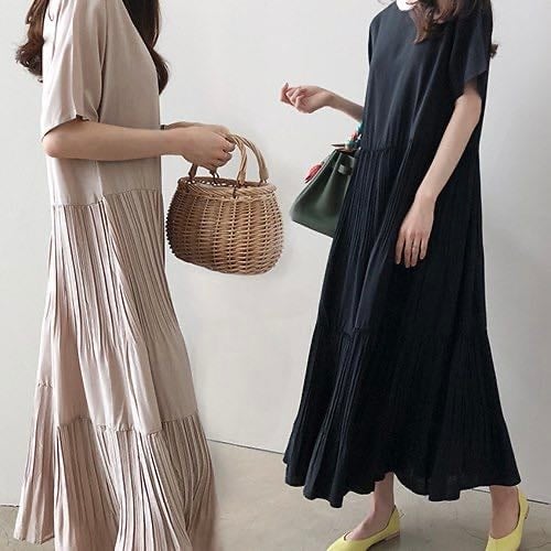 ワンピース ロング丈 マキシ 半袖 袖あり ワントーン プリーツ ゆったり 体型カバー 切り替え ウエストマーク ラウンドネック無地 春 夏 サマー スプリング シンプル きれいめ 綺麗系 大人 lo