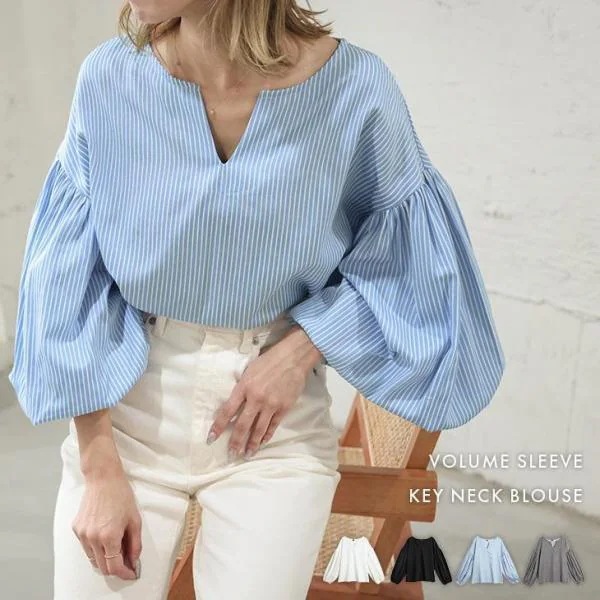 キーネックブラウス ボリューム袖 長袖 バルーン トップス レディース 【207-344】ヤ込1