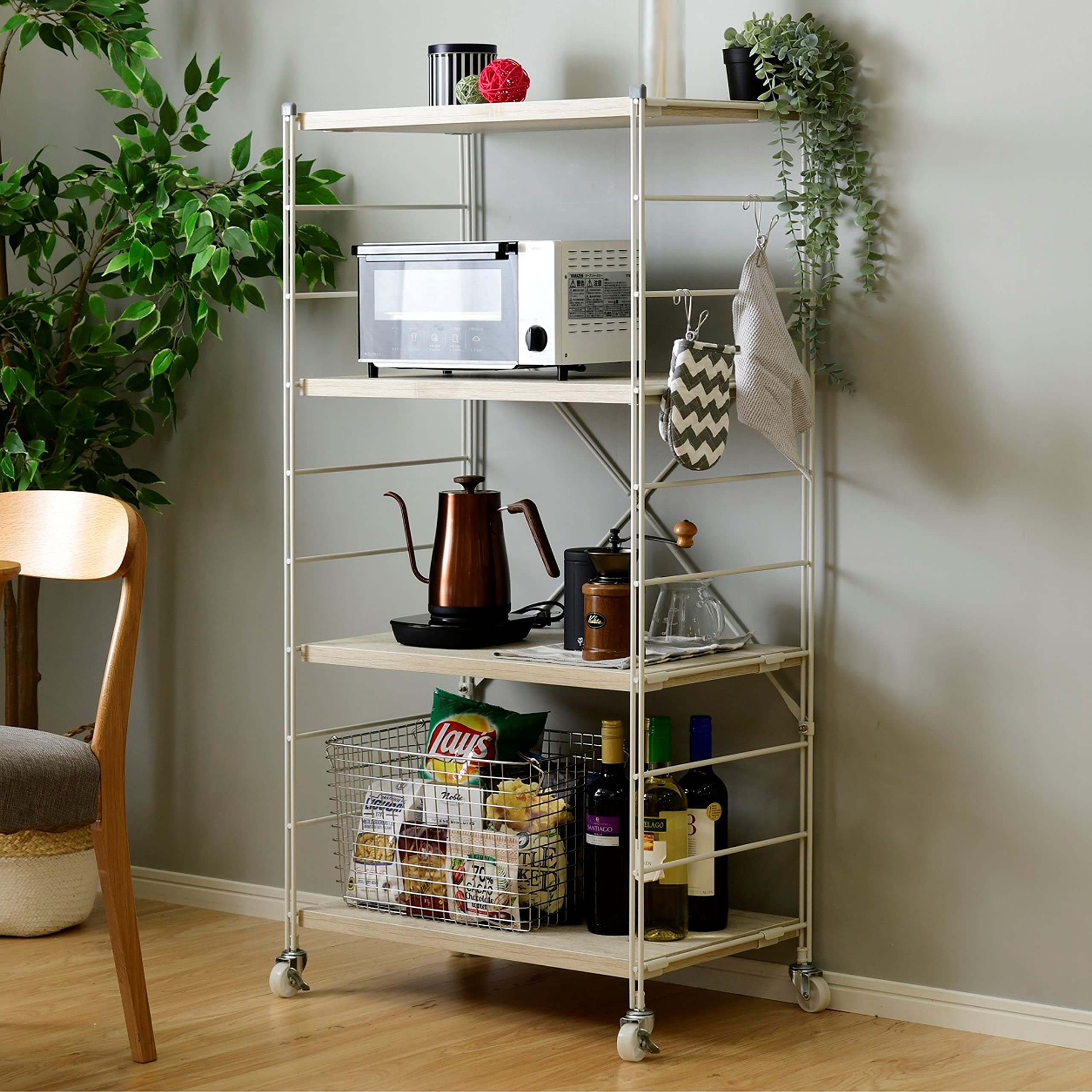 山善(YAMAZEN) ラック (キャスター付き) 全体耐荷重100 棚板カンタン高さ調節 幅65×奥行41.5×高さ128 組立品 アンティークホワイト MWS-12644C(AWH/MWH)