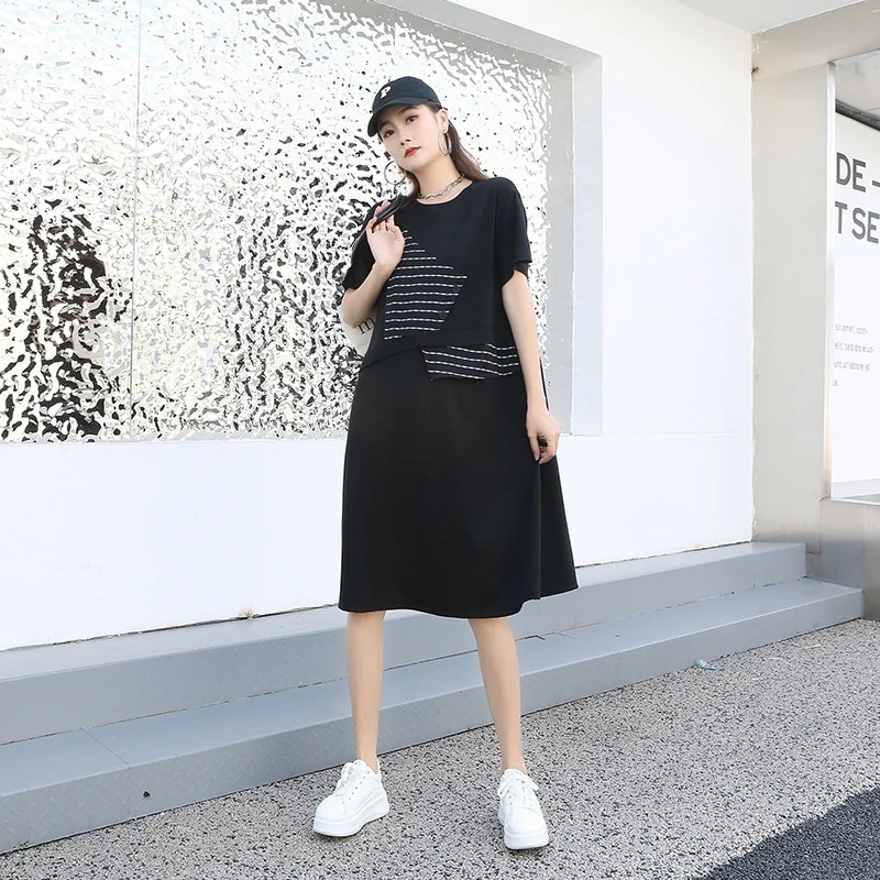 ワンピース日韓黯黑怠惰風夏服レディースtシャツワンピース韓国ファッションロンtゆったり着痩せ効果肌にやさしい生地