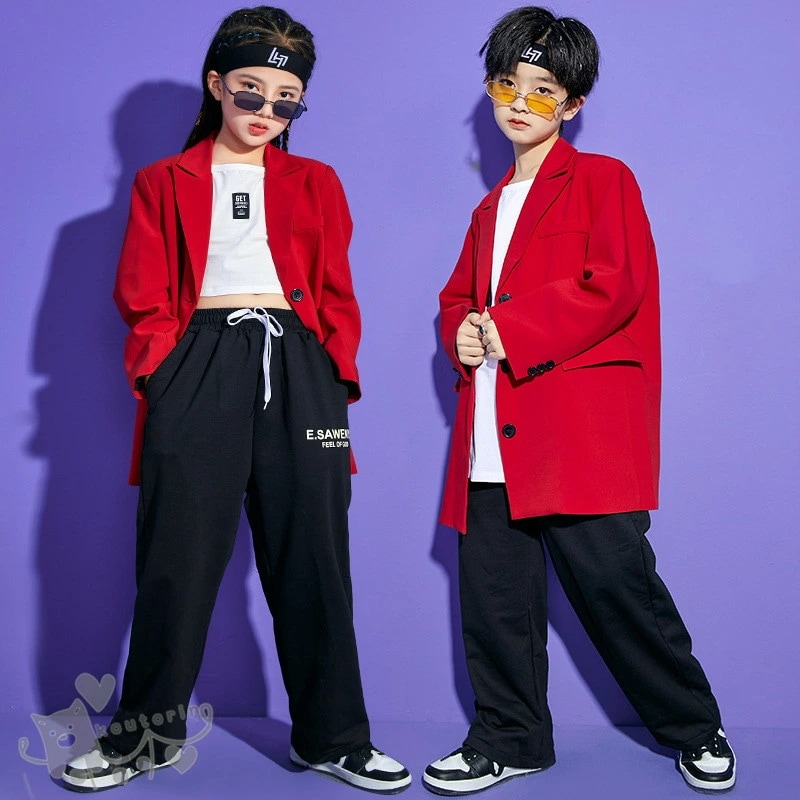 キッズダンス衣装 ヒップホップ 男の子 女の子 無地 長袖 レッドジャケット 黒パンツ 2点セット へそ出し ガールズ HIPHOP ステージ衣装 K-POP　練習着 演出服 舞台衣装 110-180