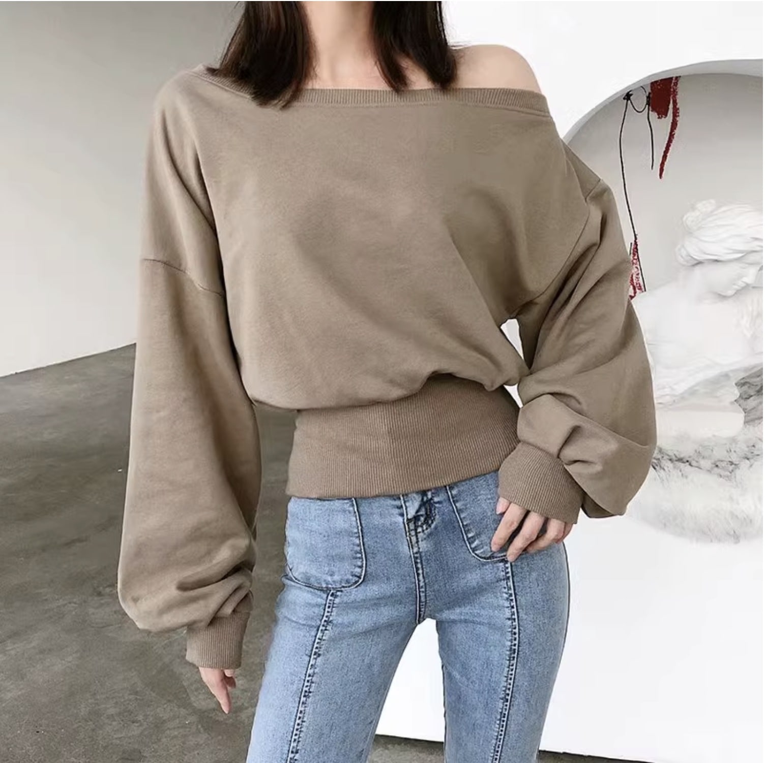 トップス ニット セーター プルオーバー チュニック 個性的 秋服 冬服 長袖 二の腕カバー バルーン袖 ぽわん袖 ボリューム袖 袖あり ワンショルダー フレア セミフレア ファスナー バッ