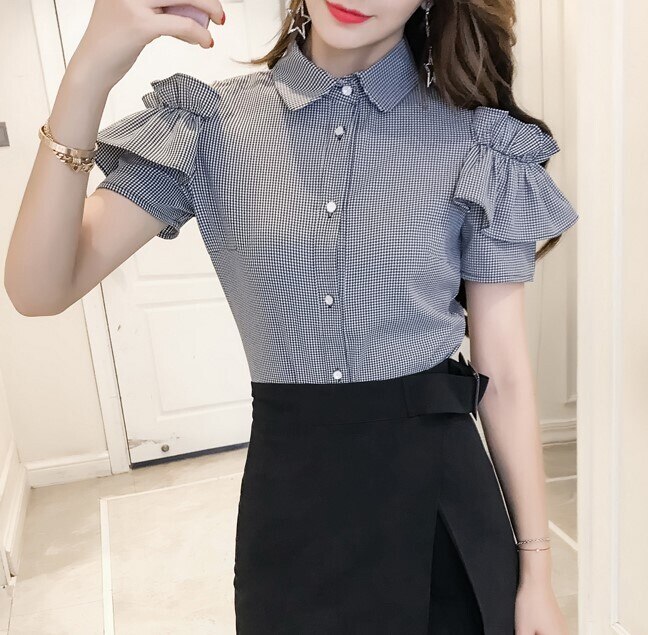 チェック柄 ワンカラー トップス ブラウス レディース 夏 かわいい きれいめ カジュアル 半袖 半袖 フリル袖 オフショルダー オフショル 襟付き スリム タイト 細身 フリル 前開き S M L