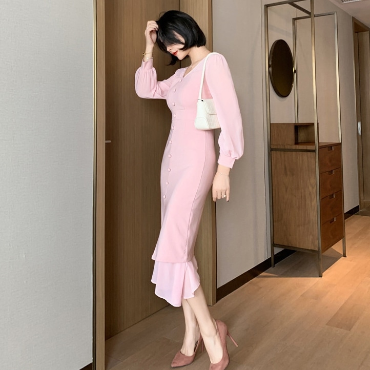 新作 秋冬 レディース 春夏 ワンピース ひざ下 7分丈 袖あり 長袖 Vネック スリム 細身