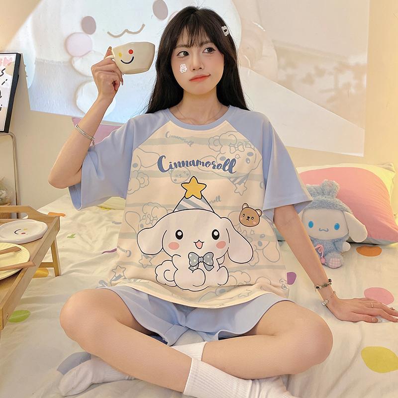 【極速出荷】Insプリンセス風パジャマ少女夏半袖純綿アニメかわいい玉桂犬2点セットホーム服