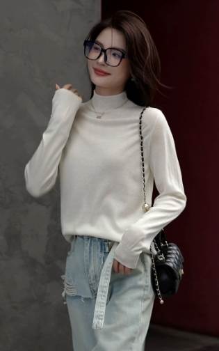 クーポン有トップス レディース ニット セーター 秋 冬 ミドル丈 普通丈トップス 長袖 半ハイネック ストレート 伸縮性 カラバリあり ブラック グレー ホワイト ベージュ アプリコット キャメル