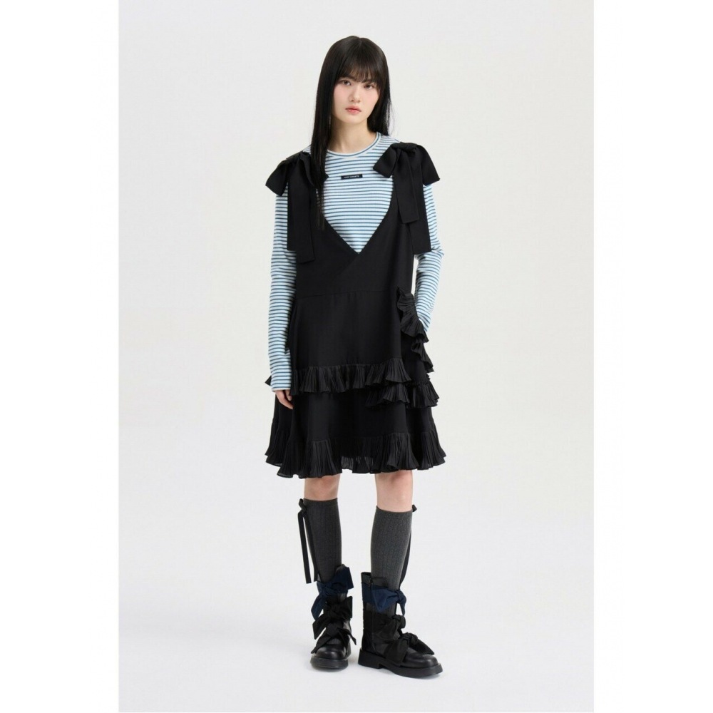 ラッキーシュエットプリーツカラーブレンドミッドドレス (ブラック) LFDAS26225BKX