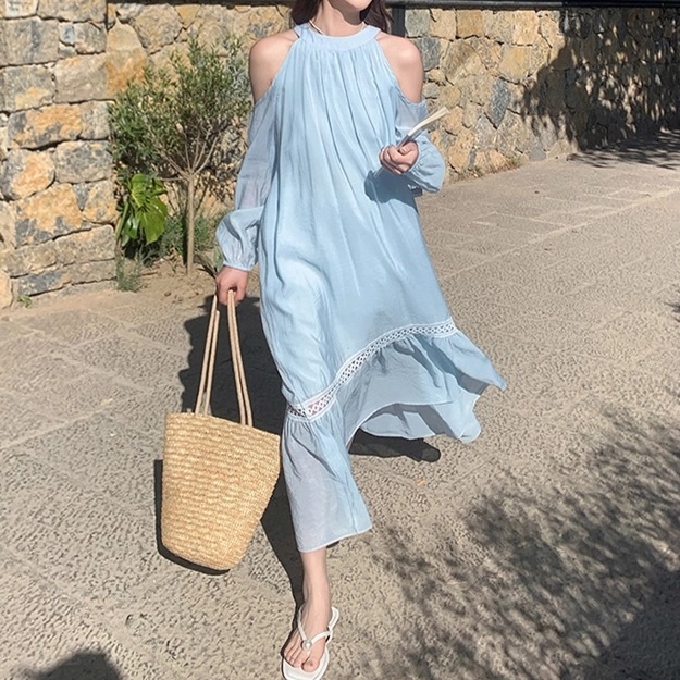 レディース ワンピース ロング 袖なし ホルターネック 切り替え ドッキング フェミニン バックリボン かわいい 大人可愛い きれいめ カジュアル おしゃれ ラフ ガーリー ラブリー キュート