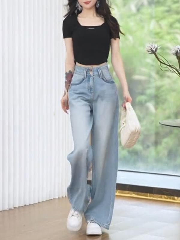レディース ファッション オシャレ カワイイ シンプル 人カワイイ きいサイズ ライト ブルー ハイウエスト スタイル ジーンズ 2つ ボタン ワイド レッグ ロング パンツ