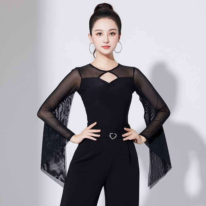 ラテンダンス衣装 女性用 新作 長袖 ダンス服 社交ダンス メッシュ フローティングスリーブ おしゃれ ダンス服 2023 モダンダンス トップス