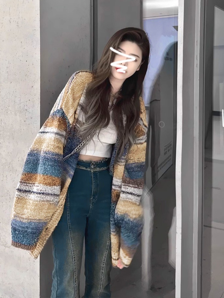 ボーダー カーディガン セーター コート レディース シーズン 2023 新作 日本製 レトロ ゆったり ニット トップス