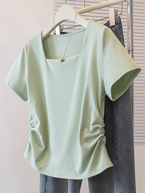 【1点ご購入 で10点プレゼントいたします】夏服の正肩半袖Tシャツ女性太ったMM腰を収めて腹を隠して痩せて見えるカジュアルな上着