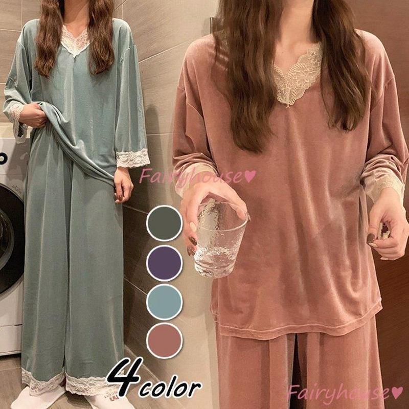 214オシャレ 部屋着 厚手 可愛い 上下セット 暖かい ベルベット ルームウェア レースVネック パジャマ 長袖 秋冬 レディース モコモコルームウェア パジャマ