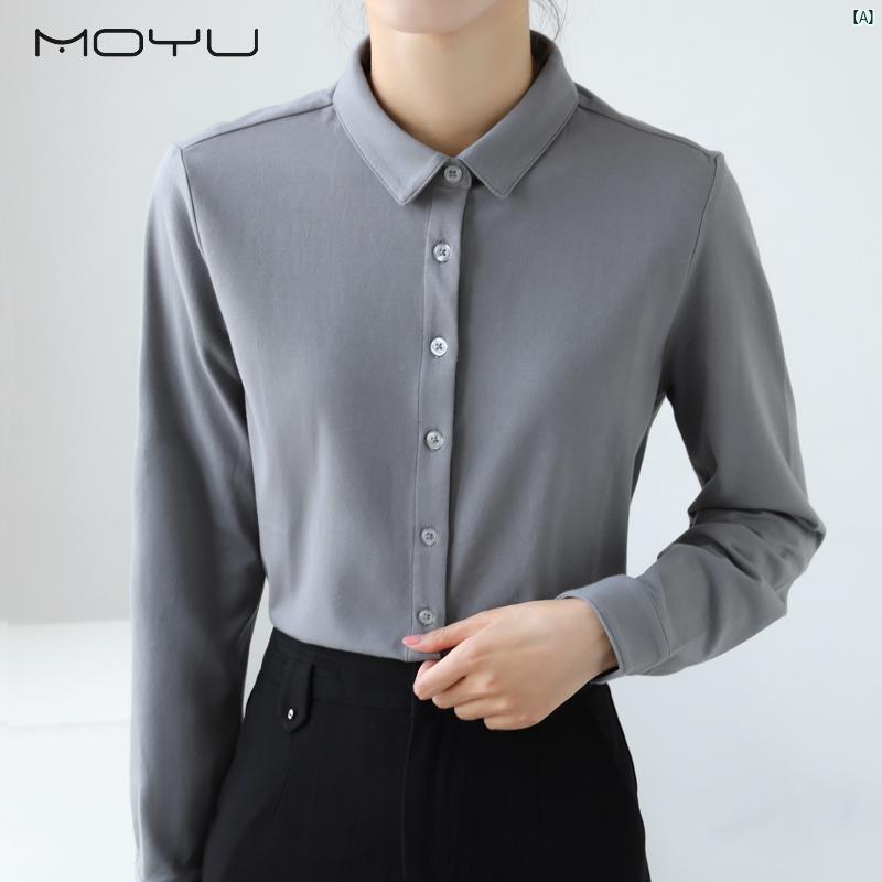 レディース ファッション　レディース　カジュアル　上品　綺麗　外出 グレー POLO 襟 長袖 95 コットンシャツ 秋 ベーシックシャツ 通勤 プロ トップス