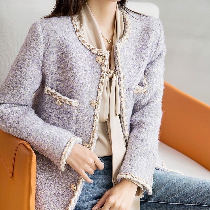 パイピングツイードジャケット ツイードジャケット ノーカラージャケット 高見えジャケット ツイードジャケットパープル ツイード ジャケット パイピング 紫 パープル 韓国 オルチャン レディース