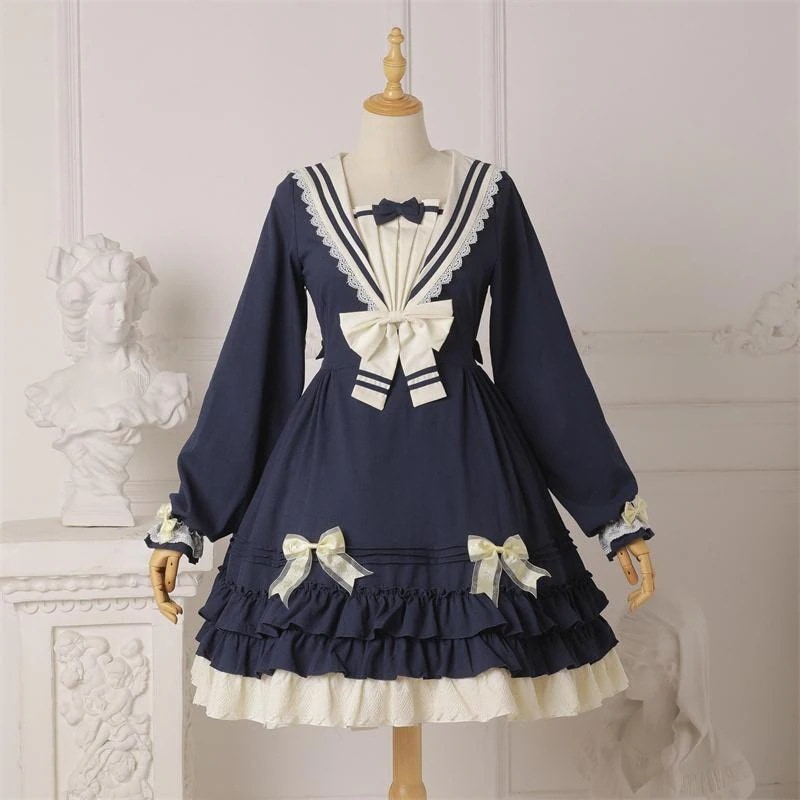 ロリータ ワンピース セーラー服 半袖 長袖 制服 コスプレ 4色 学院 レディース かわいい