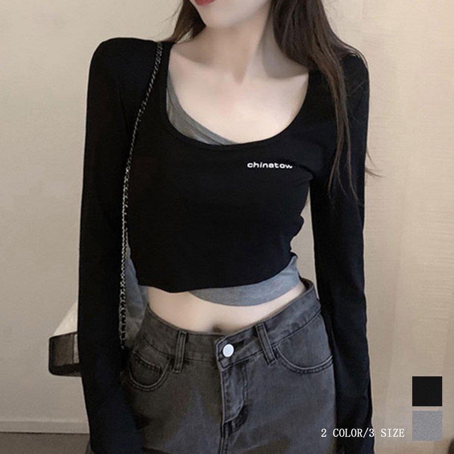 Tシャツ レディース 無地 長袖 ショート丈 トップス カジュアル 重ね着風 細身 へそ出し インナー 春秋 着痩せ おしゃれ バレンタイン 2023 プレゼント
