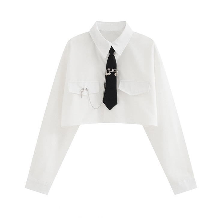 ブラウス トップス 襟付き ネクタイ付き チェーン ネクタイピン 長袖 前開き レトロ 大人可愛い シンプル 上品 お洒落 こなれ感 普段使い