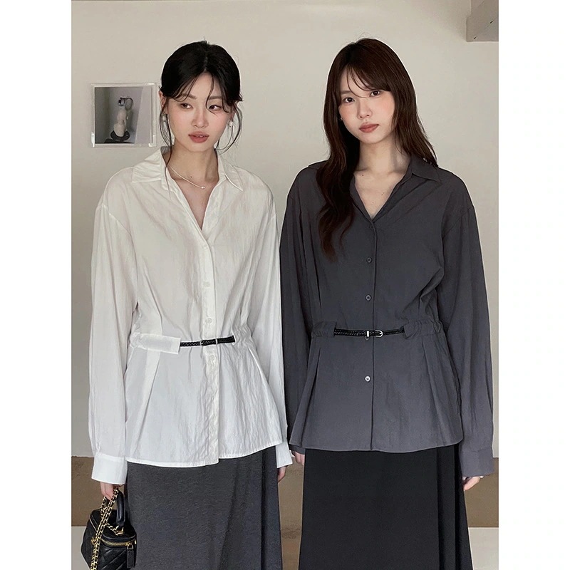 復古ゆとりがあるけいたい腰をすぼめるシャツ秋新しい長袖上着