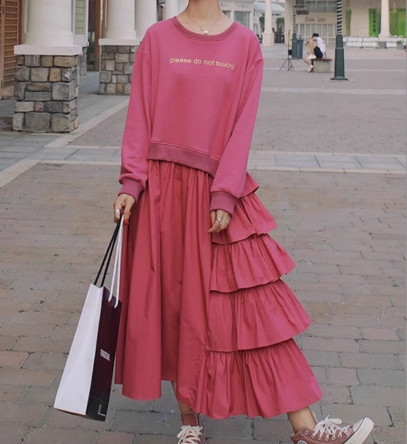 レディース ワンピース スウェット アンクル丈 フレア 切り替え ドレープ ストリート プリーツ フリル かわいい 大人可愛い カジュアル おしゃれ ガーリー ルーズ 個性的 主役級 存在感 キュート