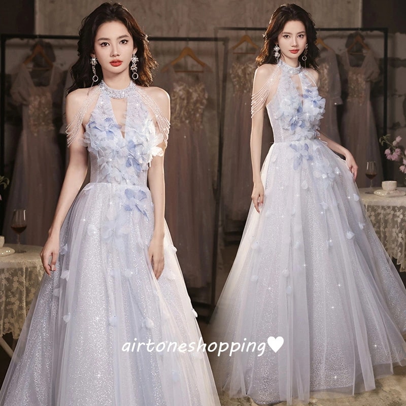 イブニングドレス ホルターネック オフショルダー ブルー 花柄 ロングドレス 発表会ドレス 水色 オフショル ビーズ フリンジ フラワー 可愛い オシャレ Vネック パーティードレス Aライン XS