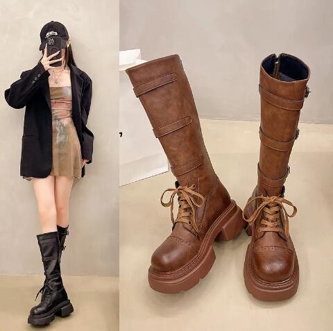 ショートブーツロングブーツ ブラウンのウエスタンカウボーイブーツレディースニーハイブーツおしゃれベルトバックル太ヒール厚底のライダースブーツシングルブーツ