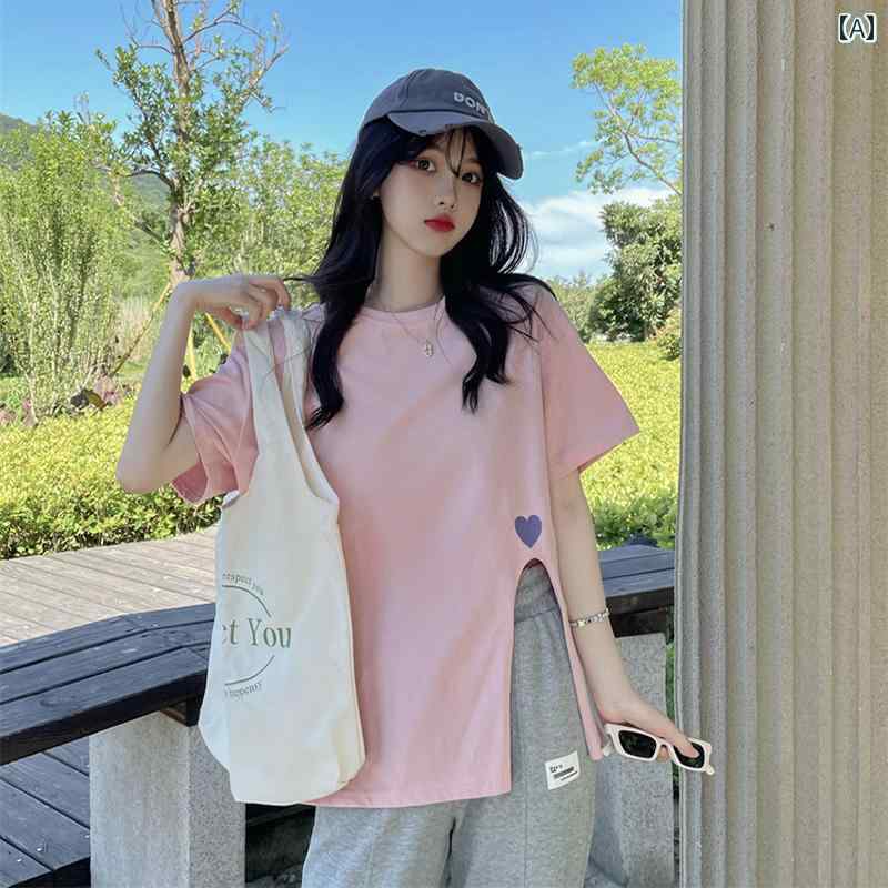 レディース トップス カジュアル おしゃれ ピンク 大きめ Tシャツ トレンディ 半袖 夏 丈 スリット Tシャツ