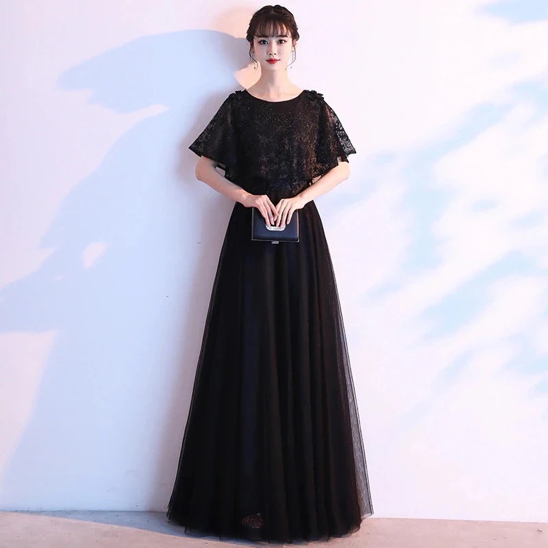 【披露宴 / ステージ用】イブニングロングドレス 5 分袖ラウンドネックバックシャン 刺繍透け感 大人可愛いきれいめ上品シンプル