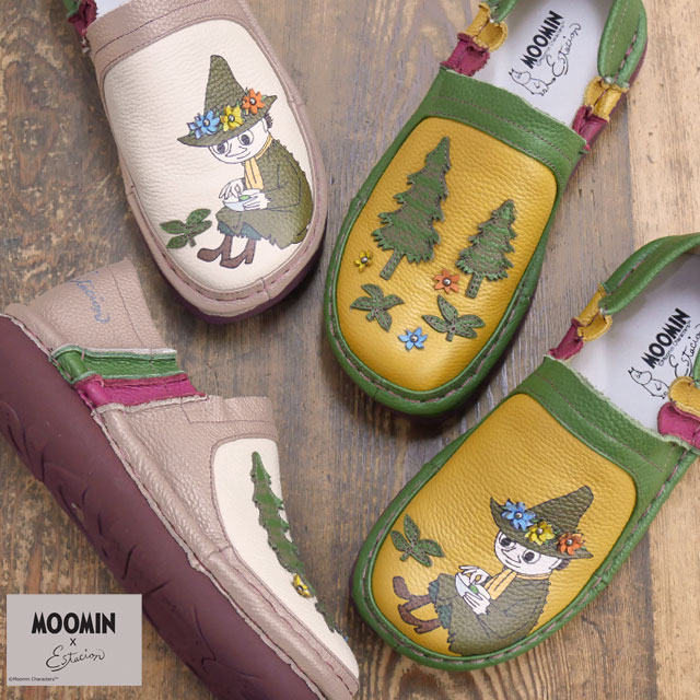 エスタシオン ムーミン スナフキン コラボ スリッポン レディース 疲れない カジュアル 痛くない コンフォートシューズ 本革 履きやすい レザーシューズ TGE609 グリーン/イエロー オーク/ア