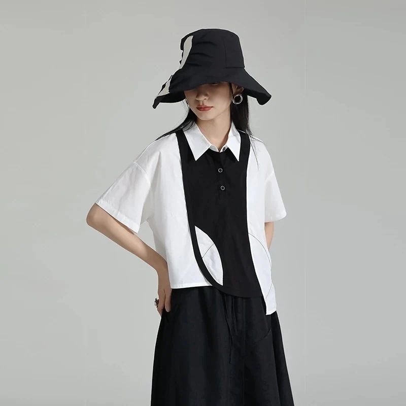 【J.Fashion】 黒白 ドッキング Tシャツ 不規則裾 夏 半袖 レディース ブラウス レディース おしゃれ 上質 関連商品は店で購入可能 メガ割30%までに制限