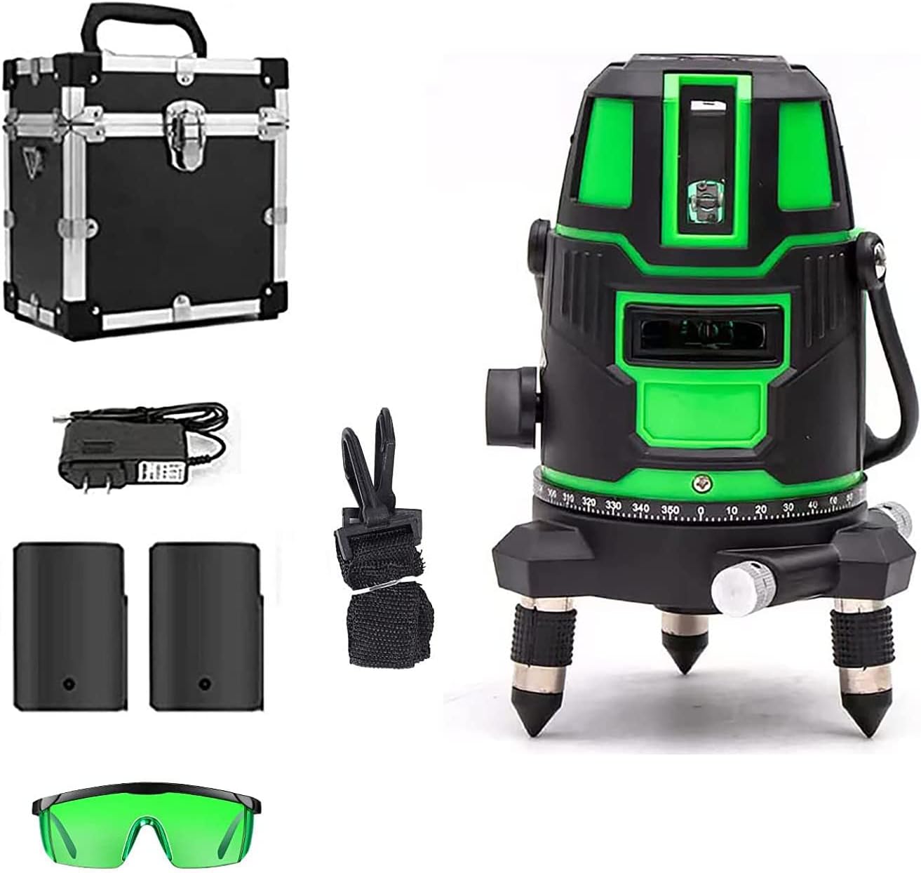レーザー墨出し器 5ライン 5線6点 4方向大矩照射 自動補正機能 回転レーザー線 グリーン水平器 建設 建築 軽量・高輝度・高出力 防塵防水 軽天作業 タイルの張替え DIYなど バッテリー2個・日