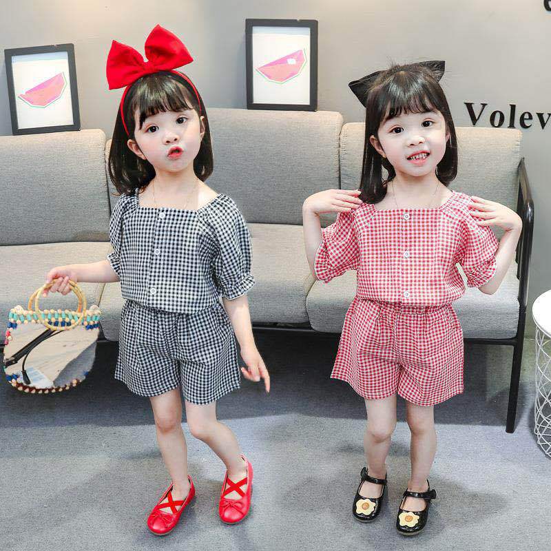 市販 マート 夏の新しい子供服カジュアルな小さな子供と女の子の漫画の格子縞のシャツ半袖ショーツツーピースセット