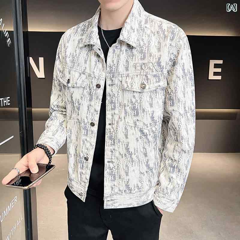 メンズ ファッション 春秋 デニムジャケット プリント 刺繍 カジュアル トップス ジャケット