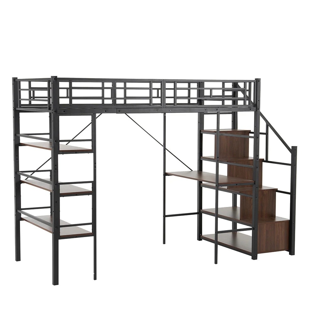 【国内即日発送】ロフトベッド パイプベッド シングル デスク付き 収納棚 階段付き 左右入れ替え可能 ロフトベッド 収納 大人 一人暮らし 子供ベッド 北欧風 二段ベッド 子供部屋 スチール 耐震 パ